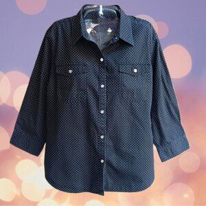 Chaps Women's Size M Top Blouse Button Front Long Sleeves Black Polka Dot